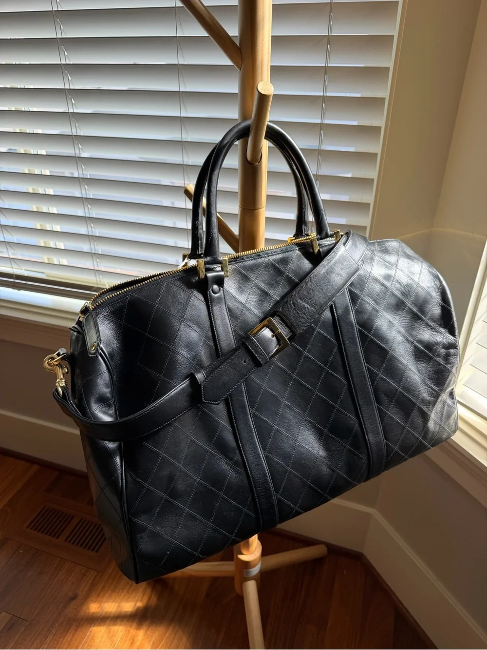 CHANEL 48 hr Black Quilted Leather Travel Duffel Bag Gold Hardware Crossbody